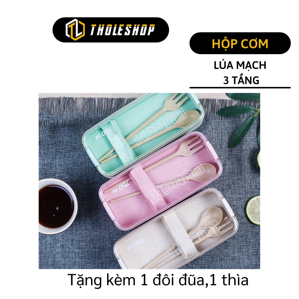 Hộp Đựng Cơm - Hộp Cơm 3 Tầng Lúa Mạch Kèm Muỗng Nĩa, Nắp Đậy Khít, Chống Tràn 5637