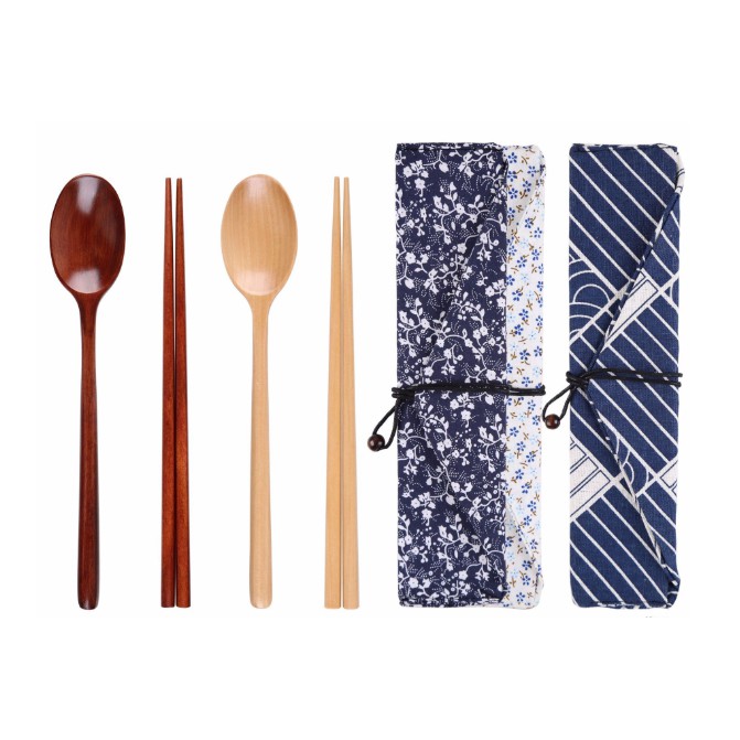 Set Thìa muỗng gỗ + Đũa gỗ kiểu Nhật Bản (kèm túi vải)