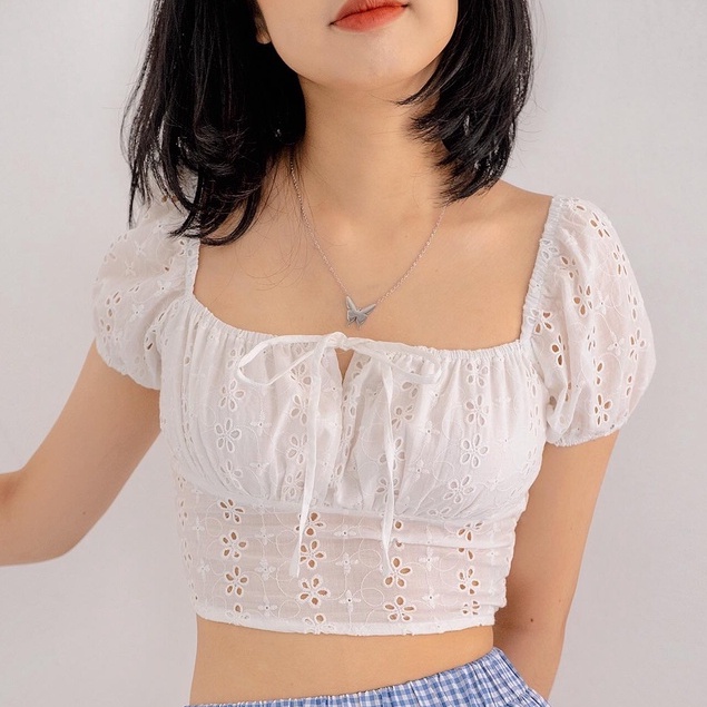 Áo croptop trắng cổ vuông buộc nơ ngực Naked by V - Cassie Croptop