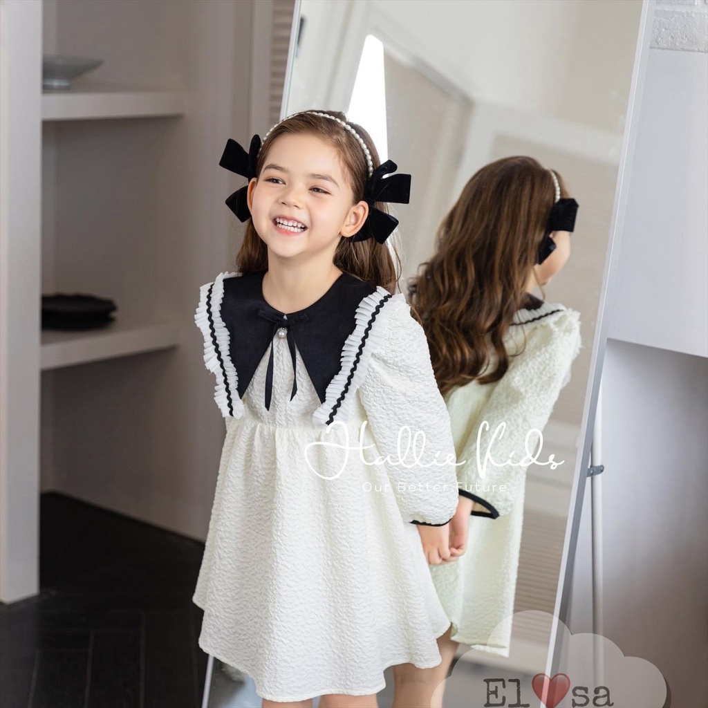 Váy bé gái dài tay mầu trắng cổ đen dập ly babydoll 8-30kg XHN1078