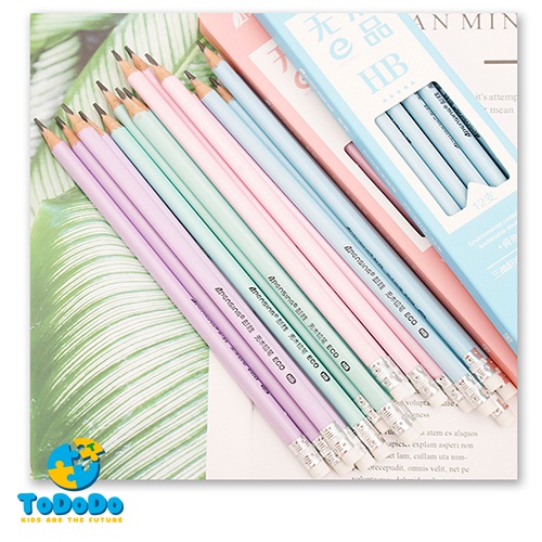 Bút chì gỗ, ngòi bút 2b có tẩy và gọt chì 12 bút dùng vẽ tranh viết chữ cho học sinh.
