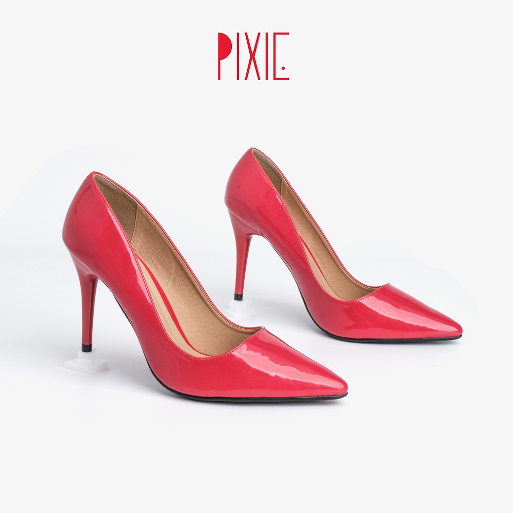 Giày Cao Gót 9cm Da Bóng Mũi Nhọn Basic Màu Đỏ Pixie P746