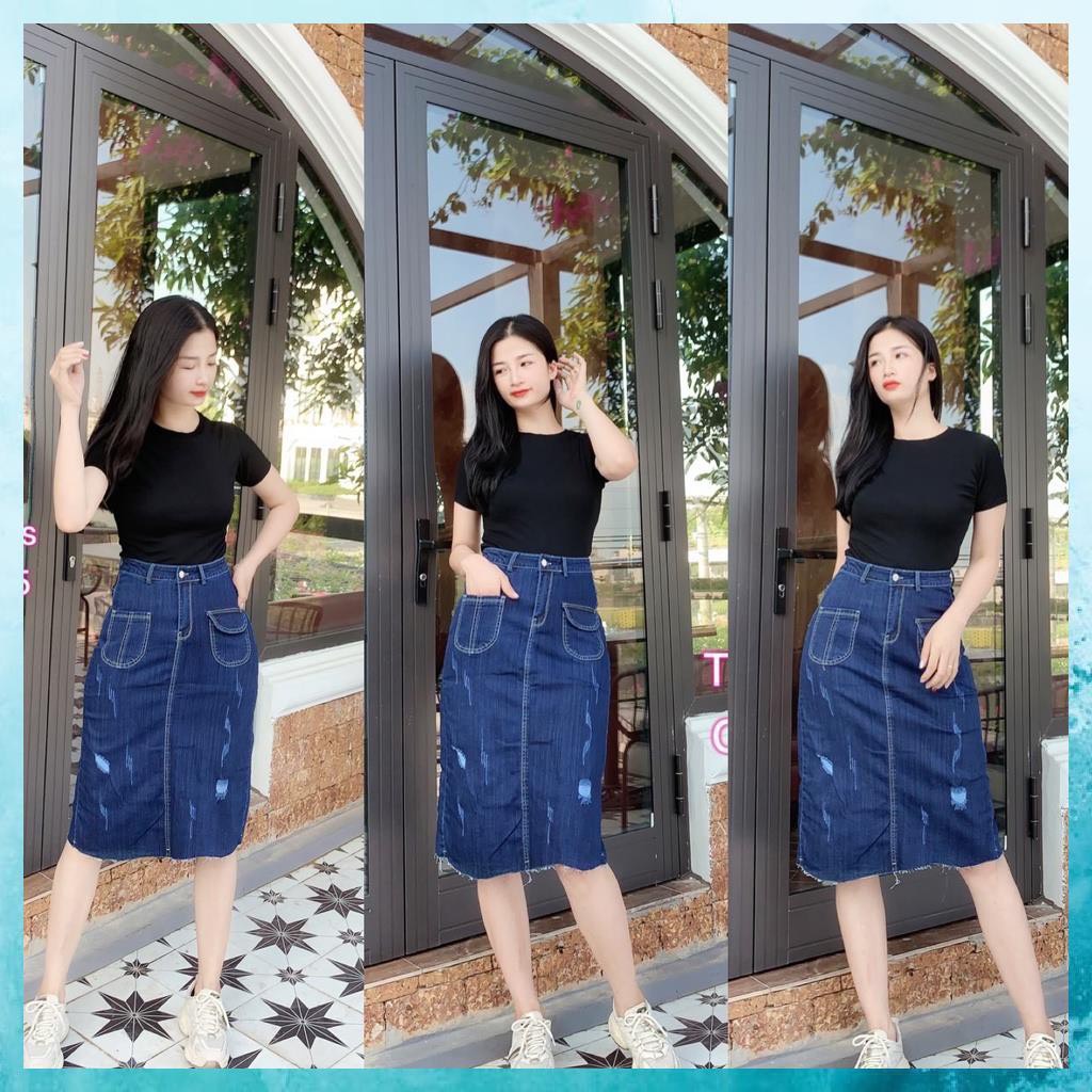 Chân váy Jeans dáng dài, chân váy bò xước nhẹ lưng cao túi lệch tua gấu. Mã A0135