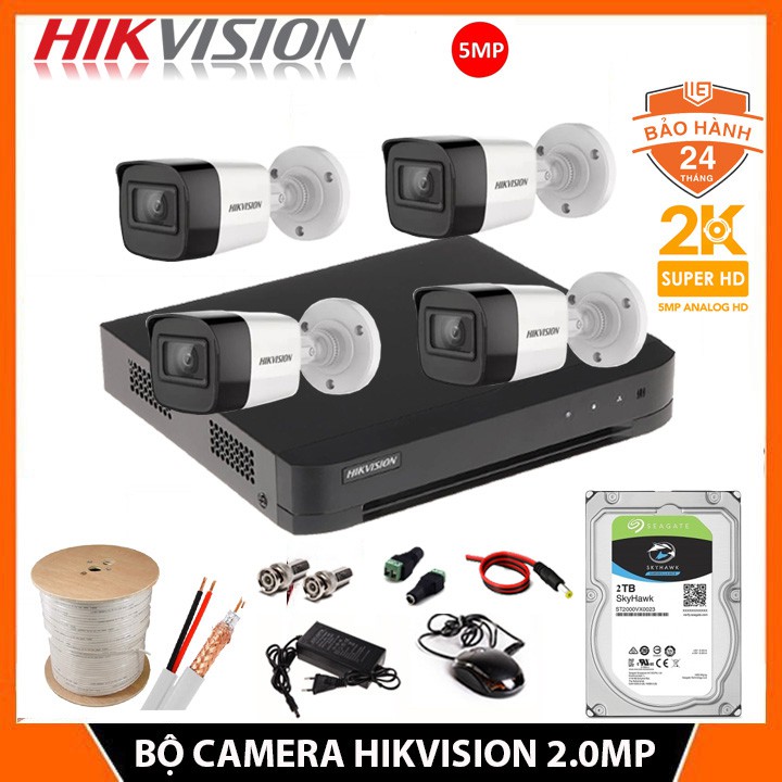 Bộ Camera giám sát Hikvision 5.0MP (2K) - Trọn bộ 4 mắt 5.0mp, Kèm HDD, Đầy đủ phụ kiện lắp đặt - Bảo hành 24 Tháng