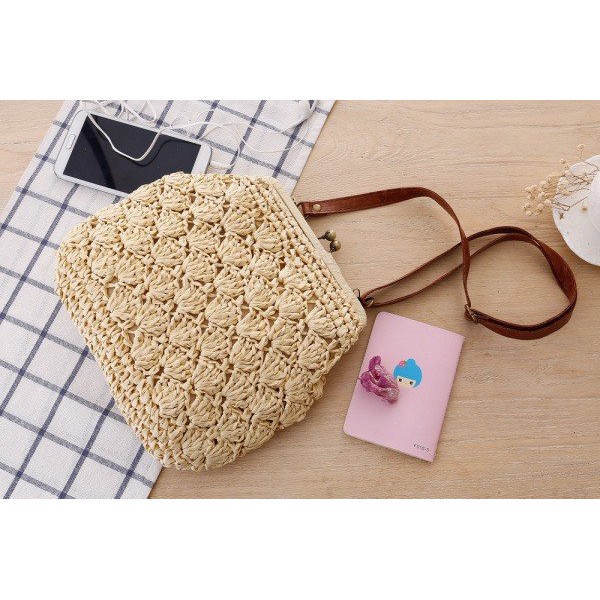 [NowShip - Giao Ngay] Túi Cói Boho Vintage Đeo Vai, Đeo Chéo Hình Tròn Dây Da Màu Nâu Be Trơn