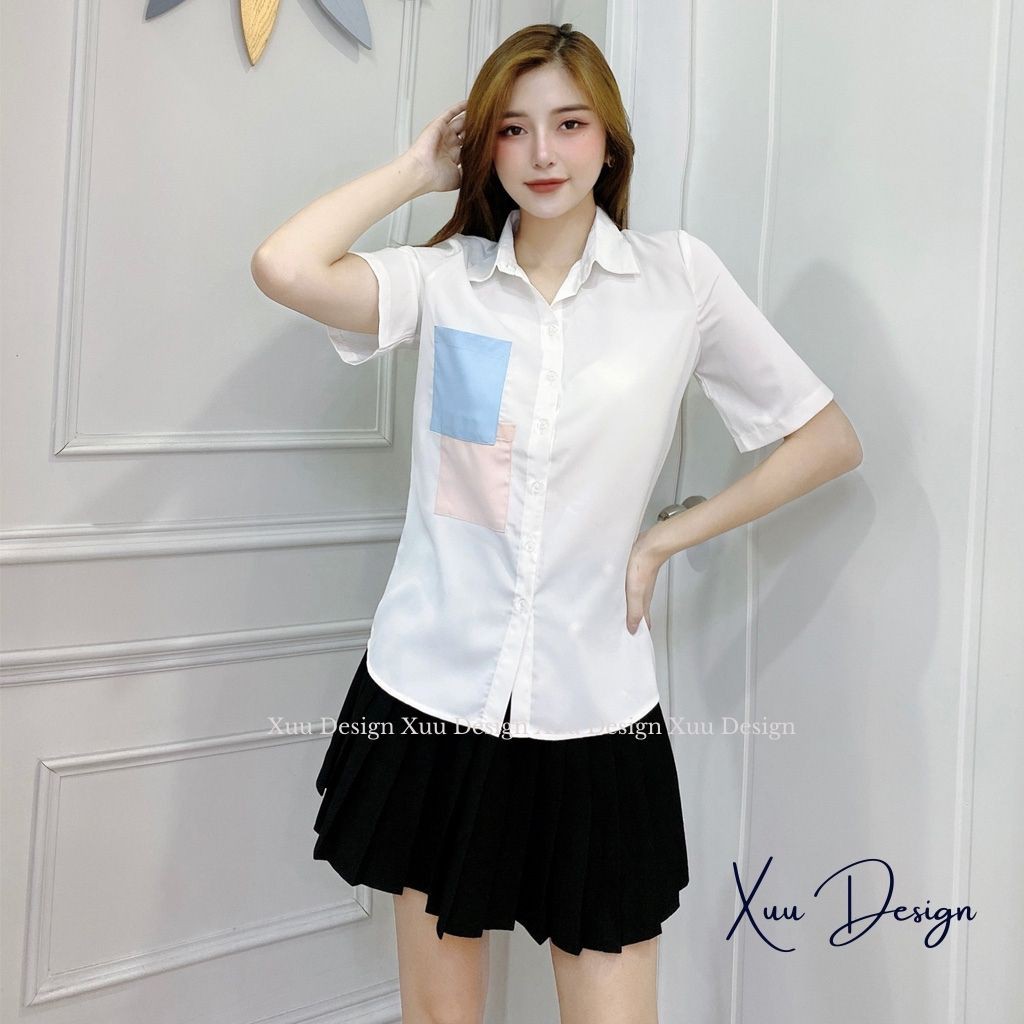 Áo sơ mi cộc tay nữ Xuu Design, Áo kiểu nữ trắng ngắn tay có túi cách điệu chất vải mềm mịn không nhăn SK05 trắng