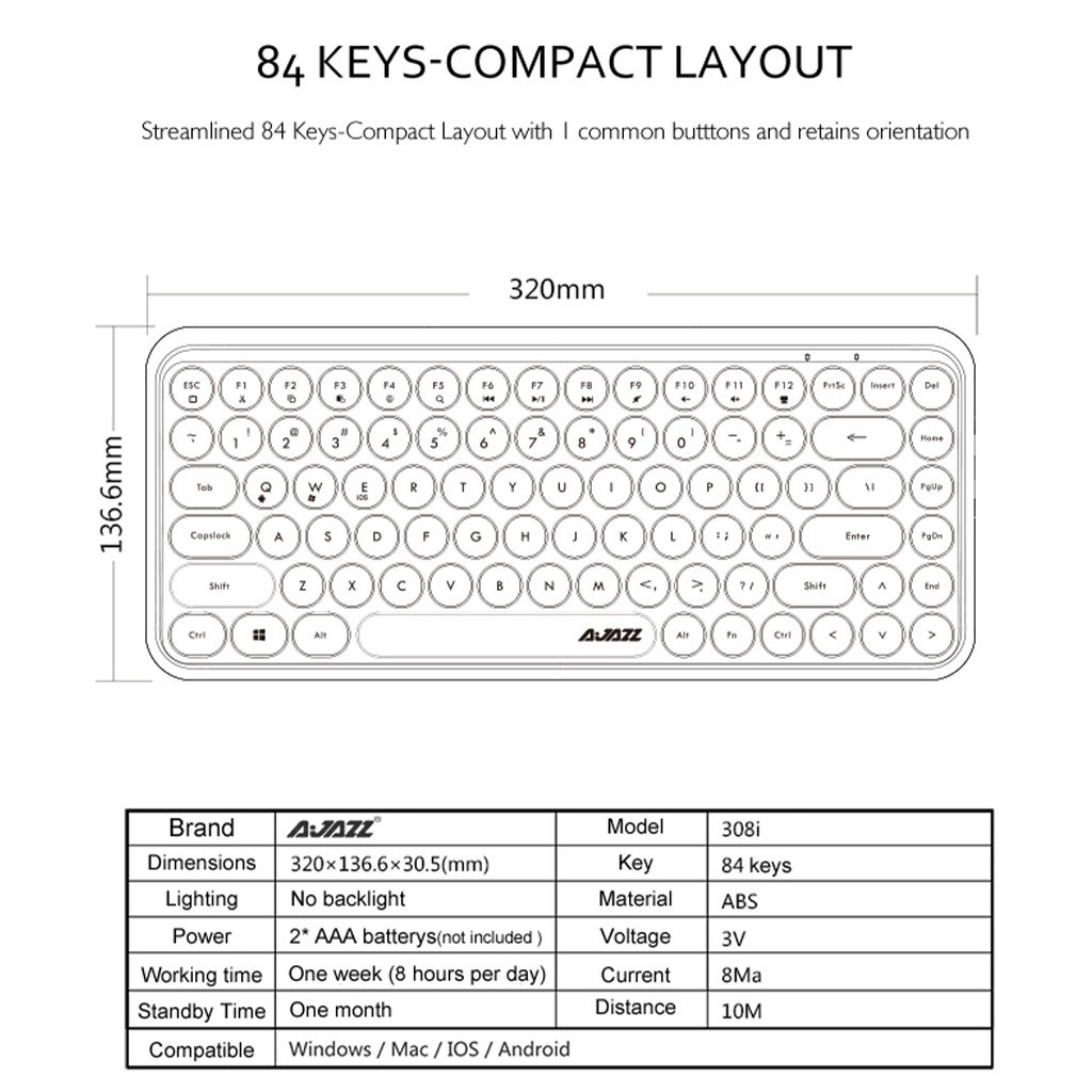 Bàn phím Bluetooth Ajazz 308i có 84 nút bấm chuyên dụng cho Iphone / Android / Windows