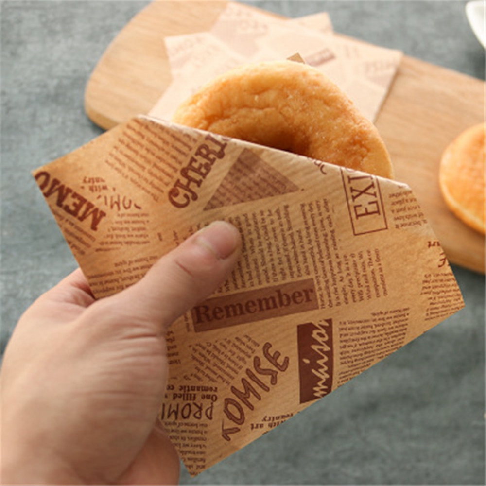 Set 100 Túi Giấy Kraft Đựng Bánh Mì / Bánh Donut Chống Dầu Mỡ In Chữ Tiếng Anh Tiện Dụng