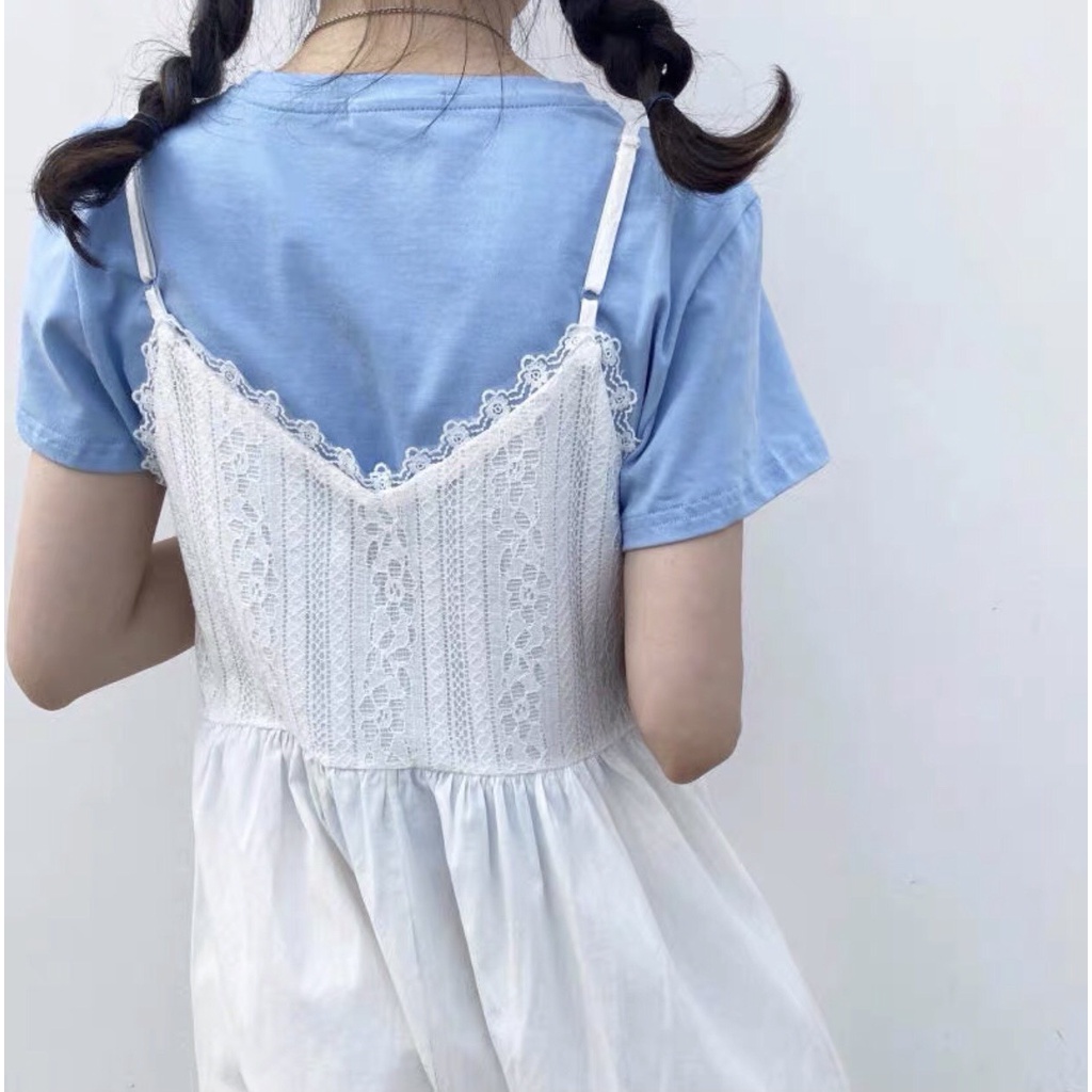 [Ảnh thật] Đầm - Váy 2 dây maxi trắng babydoll viền ren dáng dài 2 lớp ulzzang