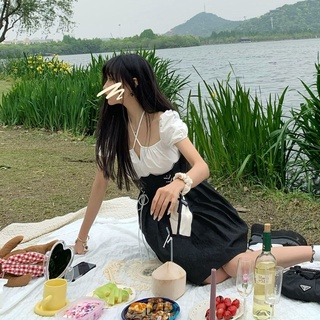 Forget all empty / "can I ask you to dance" black and white neck tie dress bubble sleeve skirt