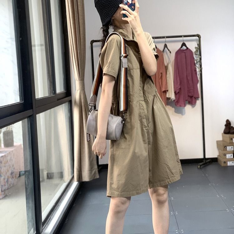 Summer jumpsuit shorts summer Korean style slim-fit lapel short-sleeved jumpsuit women's loose medium pants Japanese style college style jumpsuit