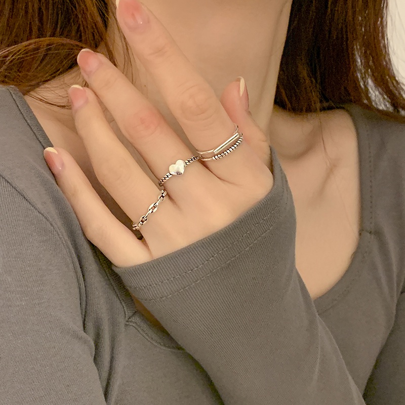 Bộ 3 Nhẫn Bạc Hình Trái Tim Phong Cách Cổ Điển