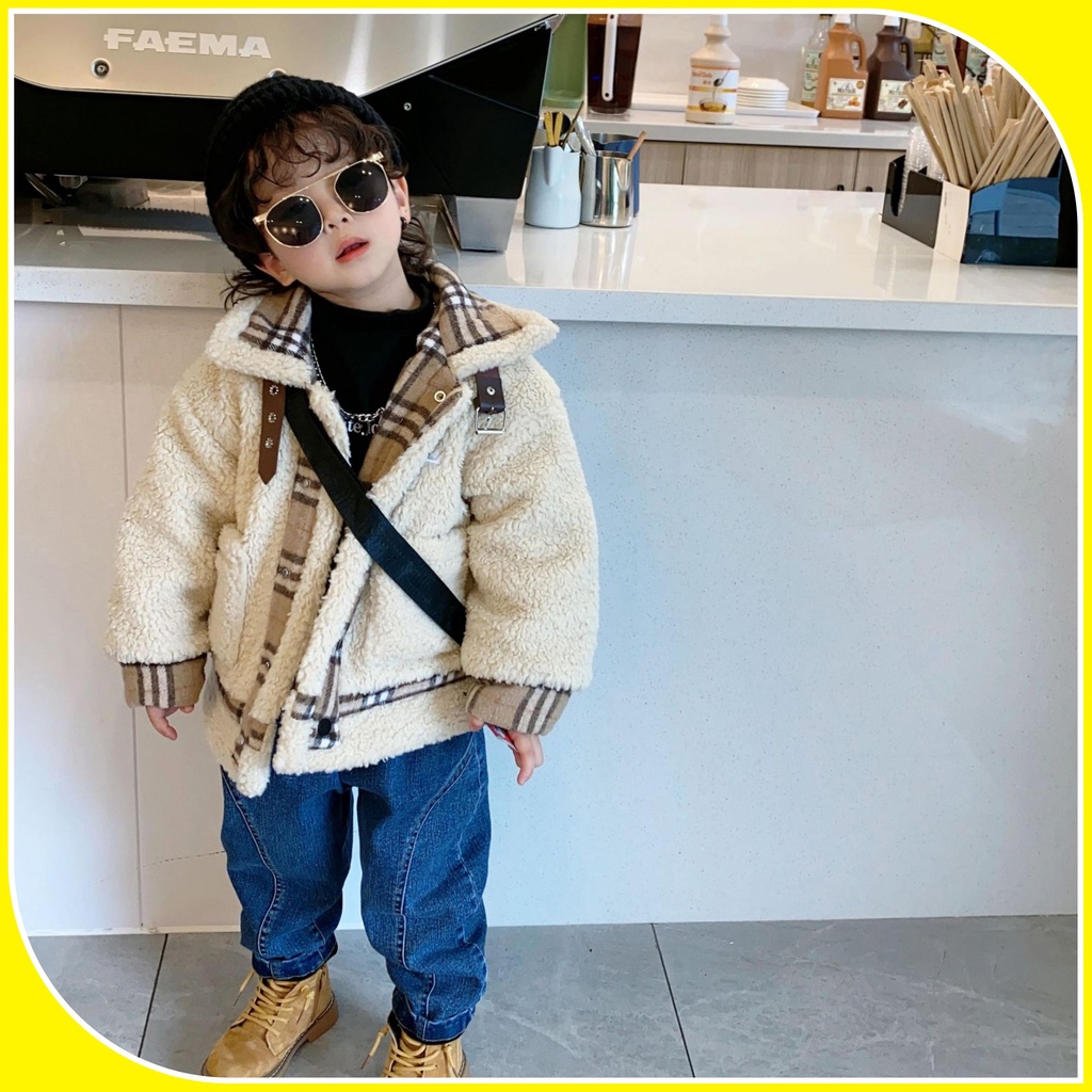 A075 - Áo khoác lông ấm bé trai, bé gái kẻ size 90-140, quần áo trẻ em quảng châu cao cấp