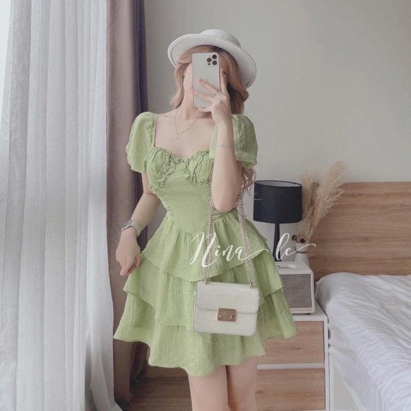 Váy Babydoll Tay Bồng Cổ Vuông Cúp Ngực, Đầm Dáng Xoè Tay Phồng Siêu Xinh Chất Tơ Nhũ Sọc Ren M1