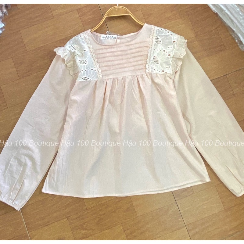 Áo babydoll vai thêu ly xếp ngang ngực vintage tiểu thư