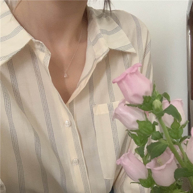 SUXI Sơ Mi Nữ Kẻ Sọc Dài Tay Thời Trang Hàn Quốc