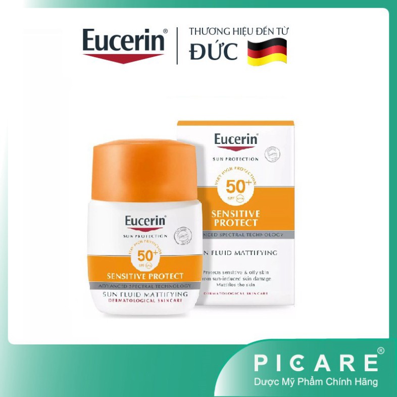 [CHÍNH HÃNG] Kem chống nắng Eucerin Sun Fluid Mattifying SPF50+ 50ml tặng tẩy trang nhạy cảm Dermato Cleam 3IN1 100ML