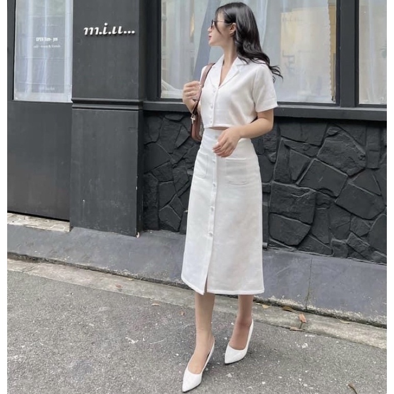 Set váy công sở trắng cổ vest