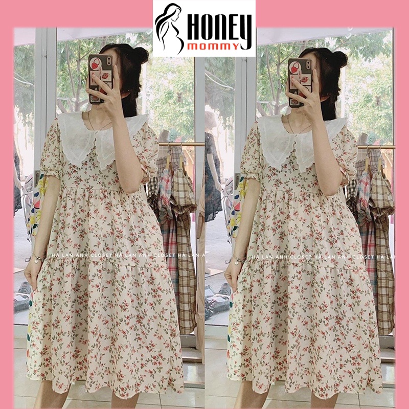 Đầm Bầu Váy Bầu Mùa Hè Hoa Nhí Có Cổ Chất Voan Lụa Mát Công Sở Đi Chơi Xinh Xắn HD2875 Honey Mommy