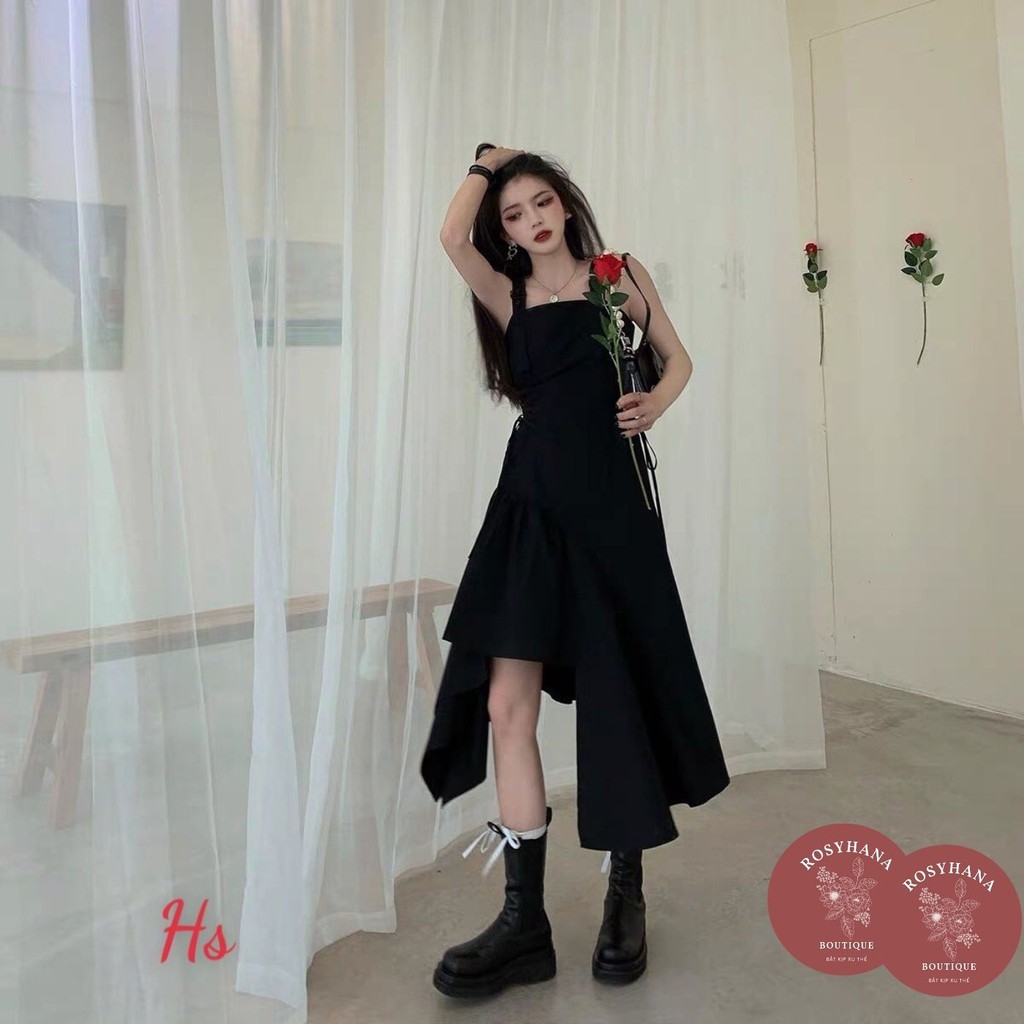 Váy đen 2 dây ROSYHANA, đầm đen hai dây vạt Ô Zuê lệch tà vải đũi cao cấp
