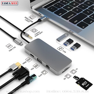Hub chuyển đổi type c sang hdmi, vga, usb, type-c, lan, audio 3.5
