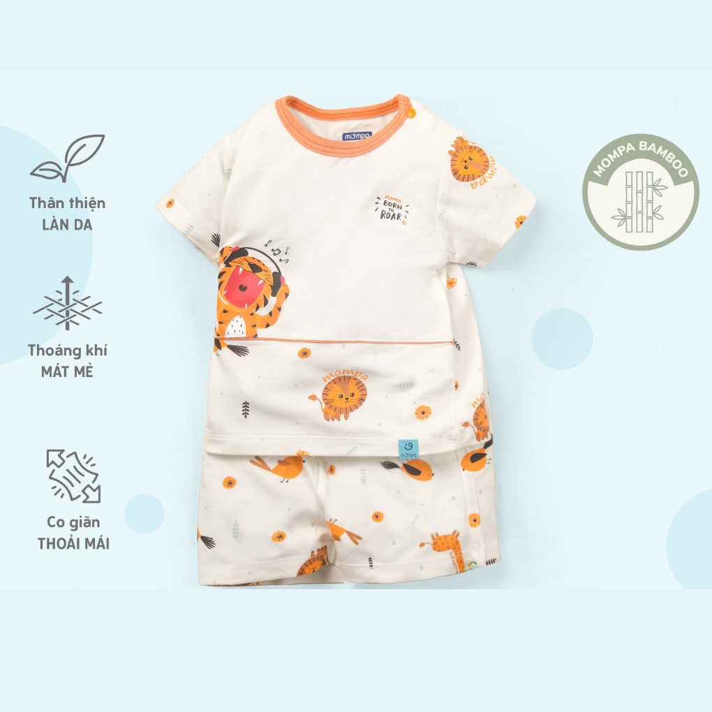 Bộ Quần Áo Cộc Cài Vai Mompa Bamboo họa tiết - Quần Áo Bé Trai, Bé Gái (Size Từ 6 - 9 Tháng