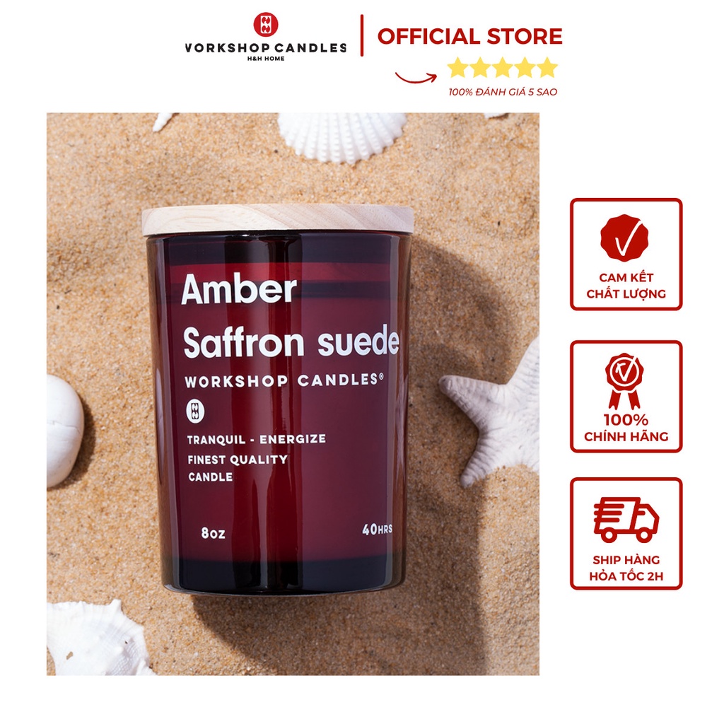 Nến thơm Amber Saffron Suede Workshop Candles H&amp;H Home 8 oz hương ấm áp khử mùi thư giãn