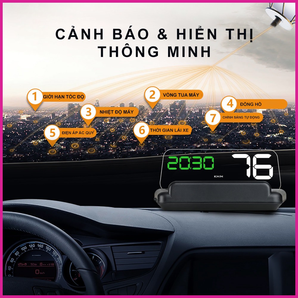 HUD C500 - Màn hình hiển thị Tốc độ kính lái cao cấp, thông minh, bảo hành 1 năm