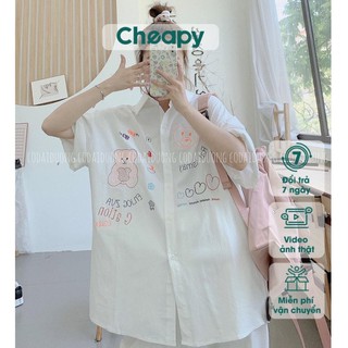 Áo sơ mi gấu RASTMAY cộc tay trắng be freesize form rộng dáng suông phong cách hàn quốc học sinh công sở C458
