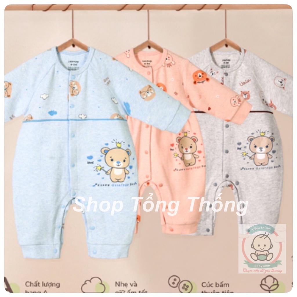 Body Uala Rogo cotton dài tay cúc giữa gấu vương miện cao cấp mềm mịn thấm hút tốt cho bé trai bé gái 3921