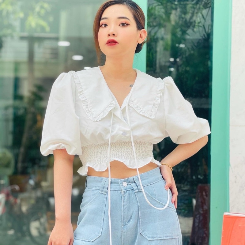 Áo croptop cổ bèo nhún eo ( thắt nơ )  - Deli Top .