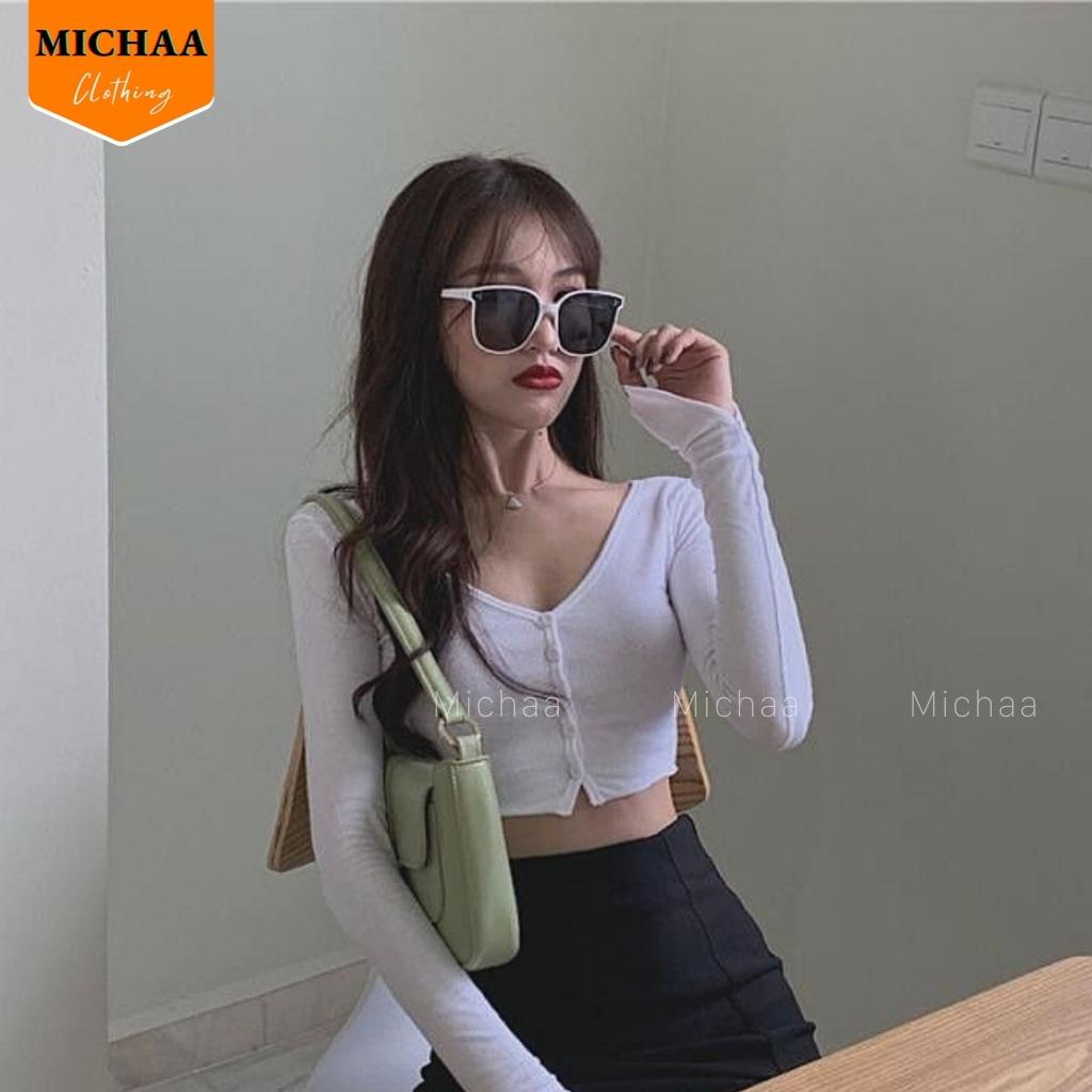 Áo Croptop CỔ TIM CÀI NÚT TAY DÀI Xẻ Nữ Chất Thun Gân Đẹp MICHAA CR22