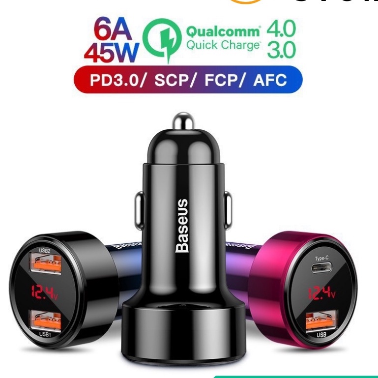 CHÍNH HÃNG Tẩu Sạc ô tô 45W Baseus xe hơi xe máy 2 cổng sạc Type C và USB PD QC 4.0 3.0 tích hợp màn hình LED CCMLC20C