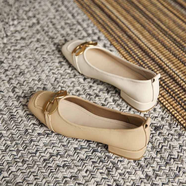 Giày Cao Gót Mũi Vuông Phối Khóa Kim Loại Phong Cách Retro Pháp