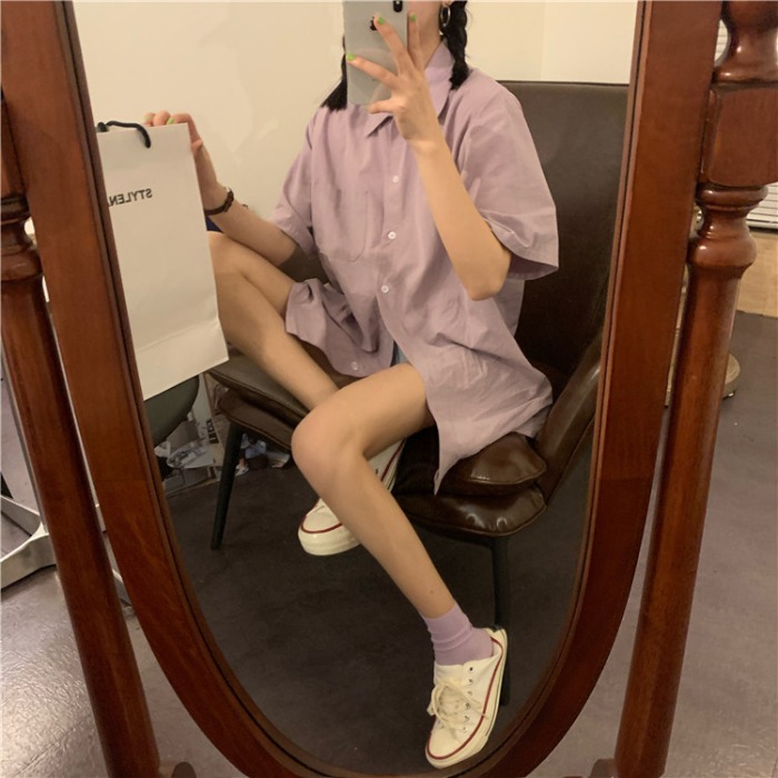 Áo Sơ Mi Nữ Tay Ngắn Trơn Màu Phong Cách Hàn Quốc | BigBuy360 - bigbuy360.vn