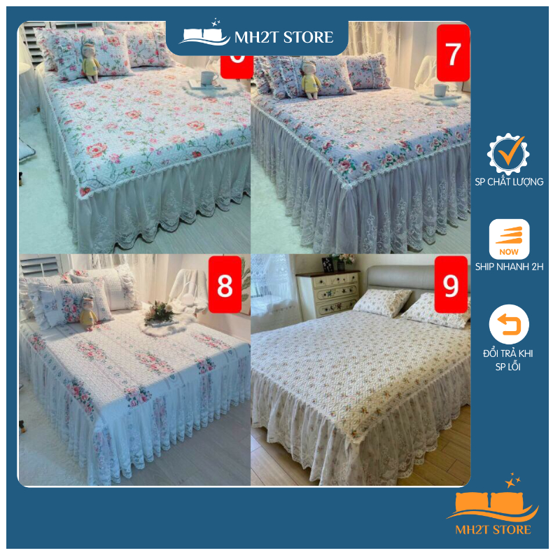Ga trần phủ bèo ren, ga gối cotton trần phủ phối ren công chúa tặng kèm 2 vỏ gối SHOP MH2T