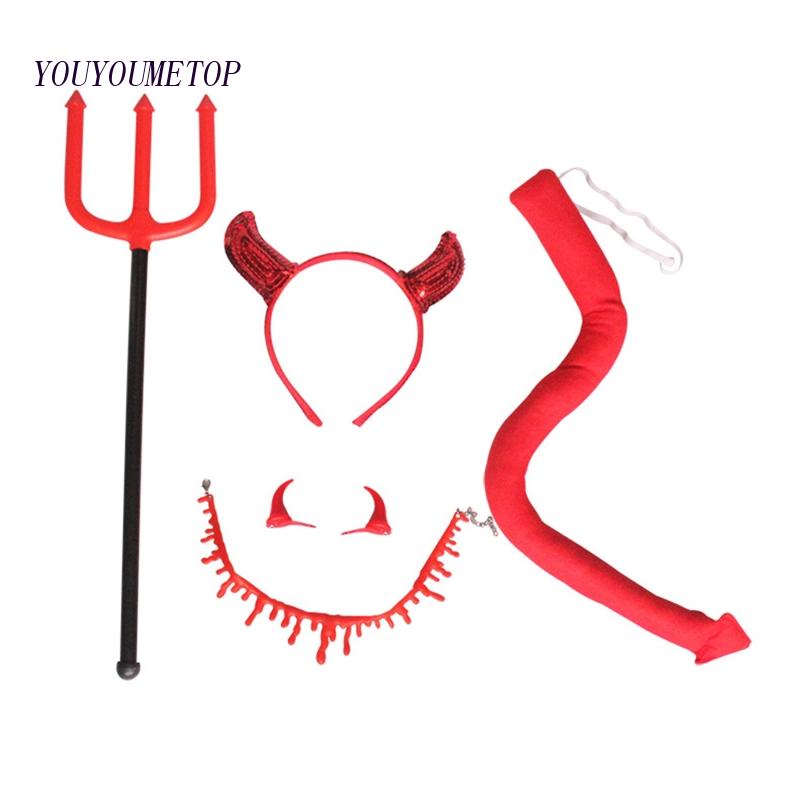 Youyo Gói 5 Băng Đô Sừng Ác Quỷ Và Đuôi Choker Hóa Trang Tiệc Halloween Cho Người Lớn