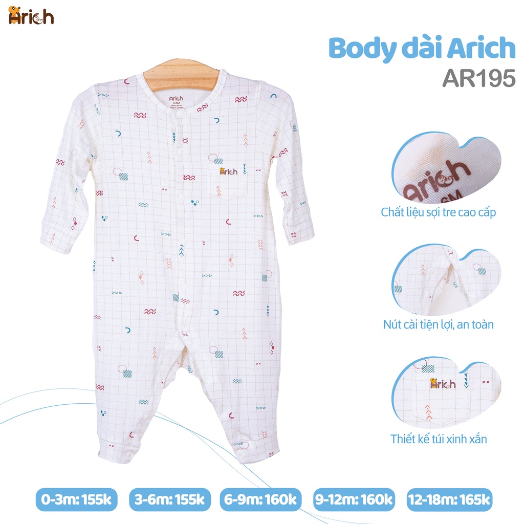 Bộ body dài chất liệu vải sợi tre cao cấp nhà Arich cho bé trai, bé gái sơ sinh đến 18 tháng tuổi