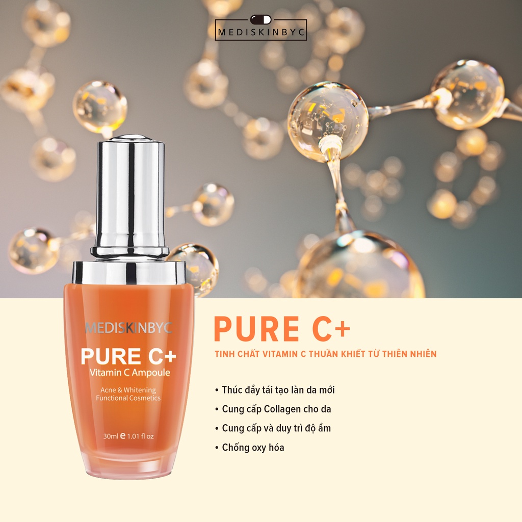 Combo 2 Sản Phẩm Chăm Sóc Da MediskinbyC Serum VitaminC Pure C+ Và Mặt Nạ Sủi Bọt Thải Độc Da Pure C+ Detox
