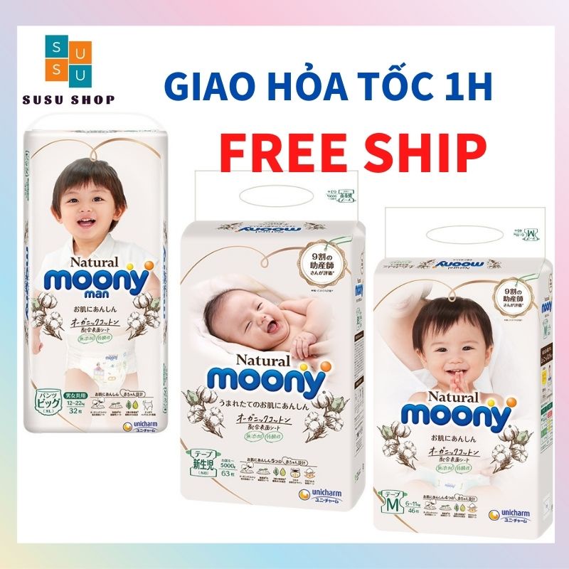 Bỉm Moony Natural Nội Địa Nhật dán/quần size NB63/S58/M46/L36/L38/XL32