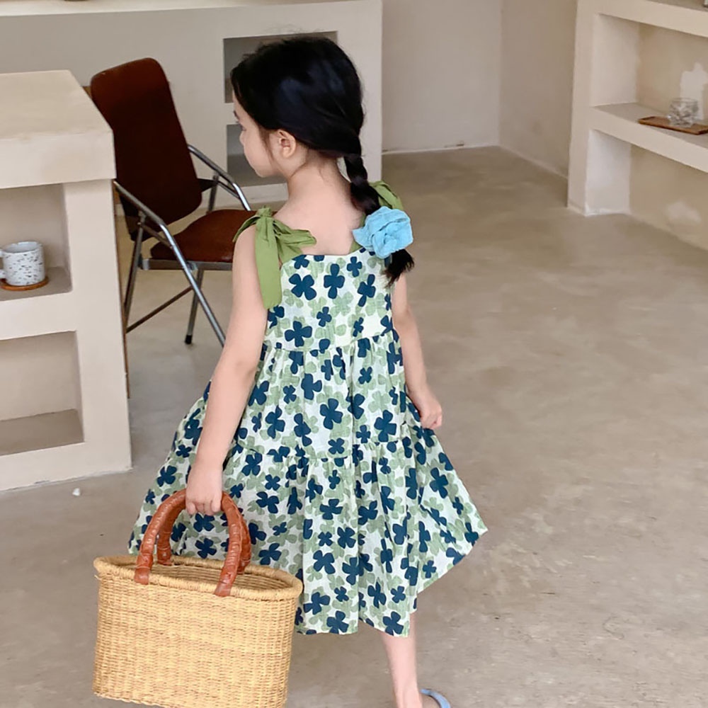 Đầm BEAR LEADER hai dây cột nơ họa tiết hoa thời trang mùa hè 2022 xinh xắn cho bé gái 3-7 tuổi