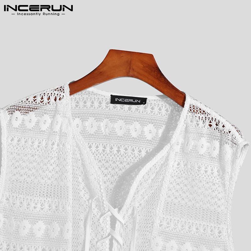 Áo INCERUN không tay cổ chữ v màu trắng xuyên thấu thoáng khí có dây buộc cho nam