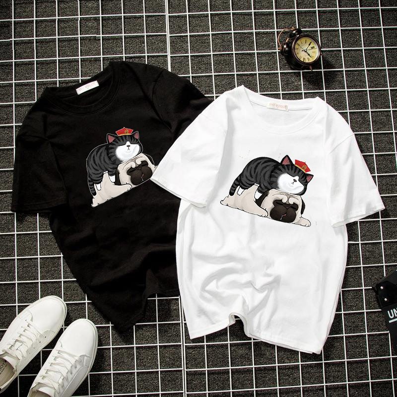 Áo thun unisex form rộng mèo hoàng thượng và chó pug vải dày mịn 2019T2104