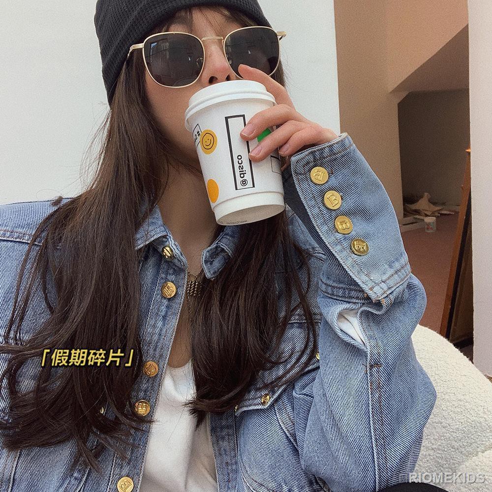 Áo Khoác denim Tay Dài Đính Nút Vàng Thời Trang Cho Nữ