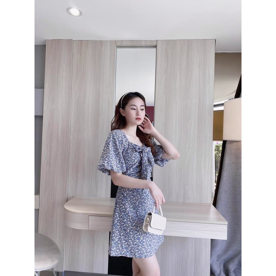 Váy hoa nhí cổ nơ tay bồng