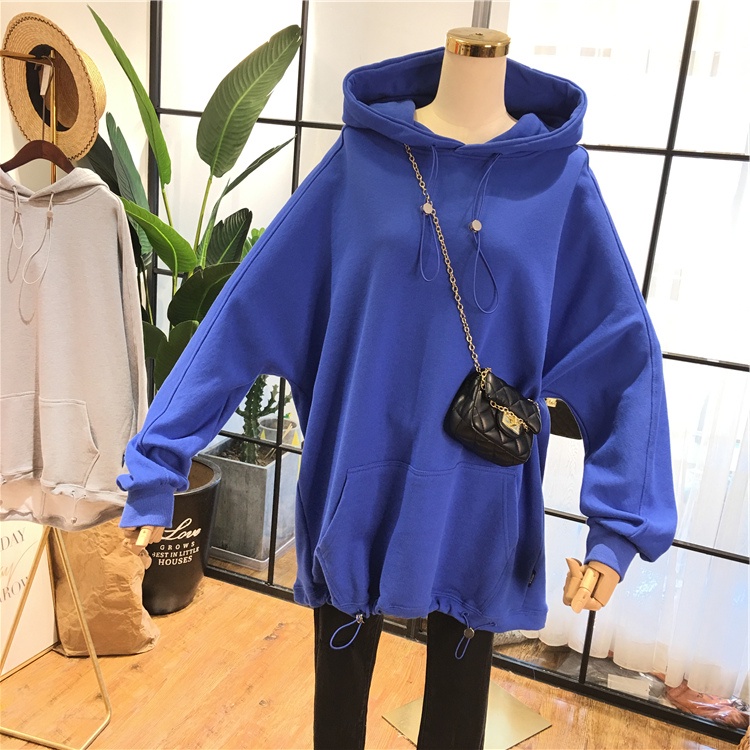 Áo Hoodie Hàn Quốc đơn giản màu sắc lỏng lẻo kích thước lớn dây rút dài cỡ trung vải bông có mũ trùm đầu