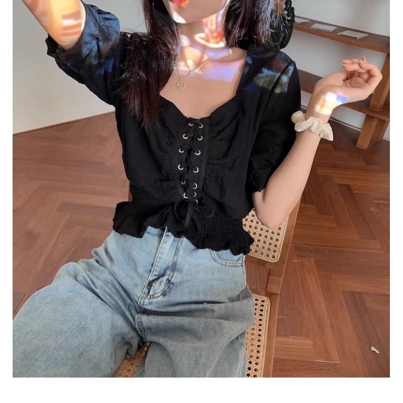 Áo kiểu nữ dáng croptop cổ vuông tay bồng đan dây ngực chun eo mặc hai kiểu phong cách Hàn Quốc xinh xắn