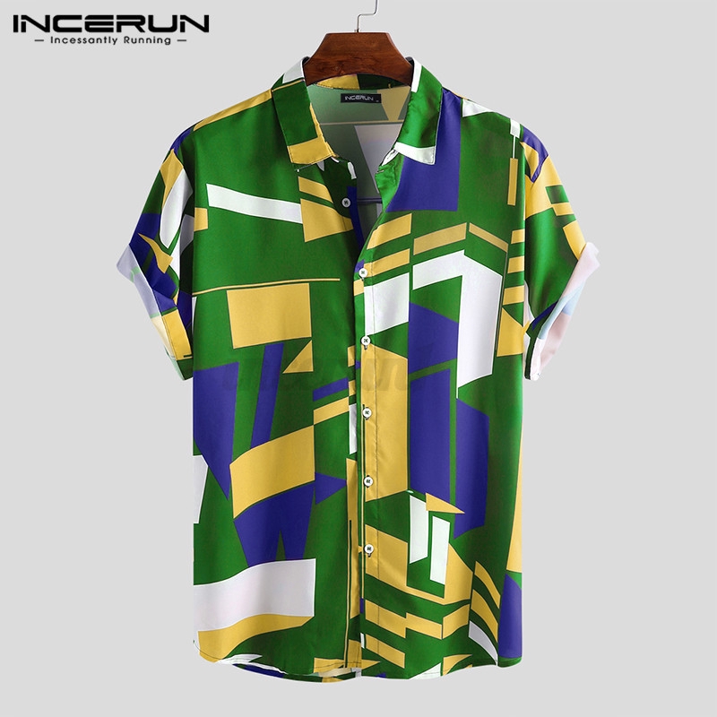 INCERUN Mens Casual Geometric Print Short Sleeve Button Lapel Shirt
