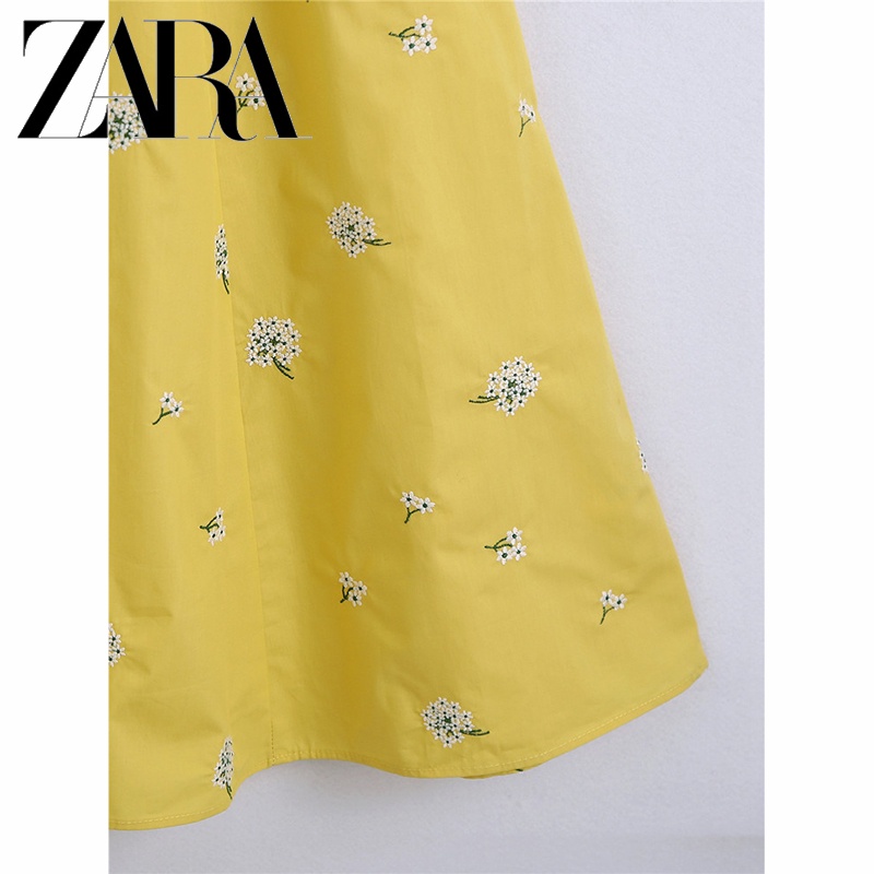 Zara Đầm Tay Phồng Cổ Vuông Thắt Nơ In Họa Tiết Màu Vàng Thời Trang Xuân Hạ