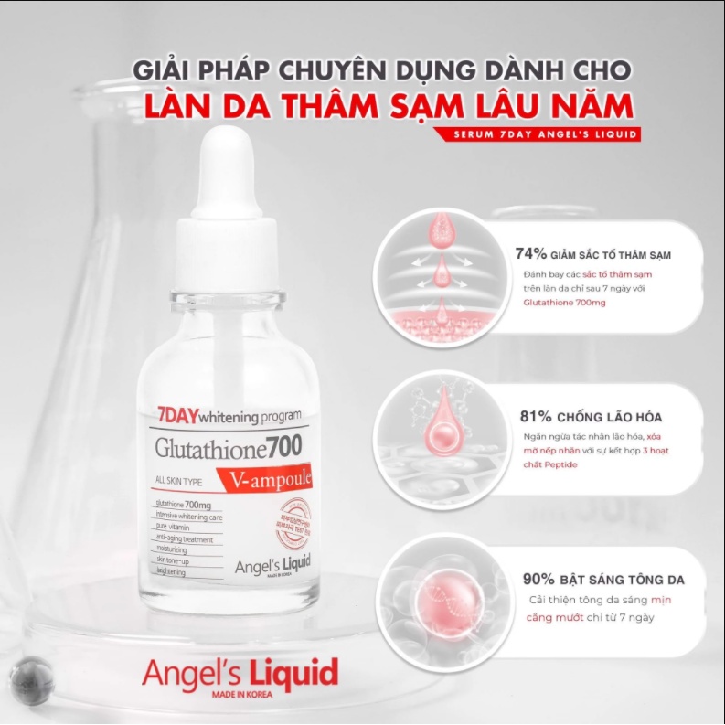 Huyết Thanh Dưỡng Trắng Da, Làm Mờ Thâm Nám Chỉ Trong 7 Ngày Angel's Liquid Glutathione 700 V-Ampoule 30ml